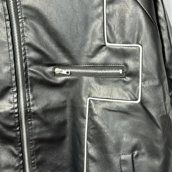 Jiechaofang Black‎ with White Piping Faux Leather Jacket in Size XL